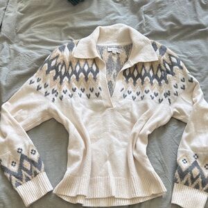 LOFT Cream and Gray Fair Isle Polo Sweater